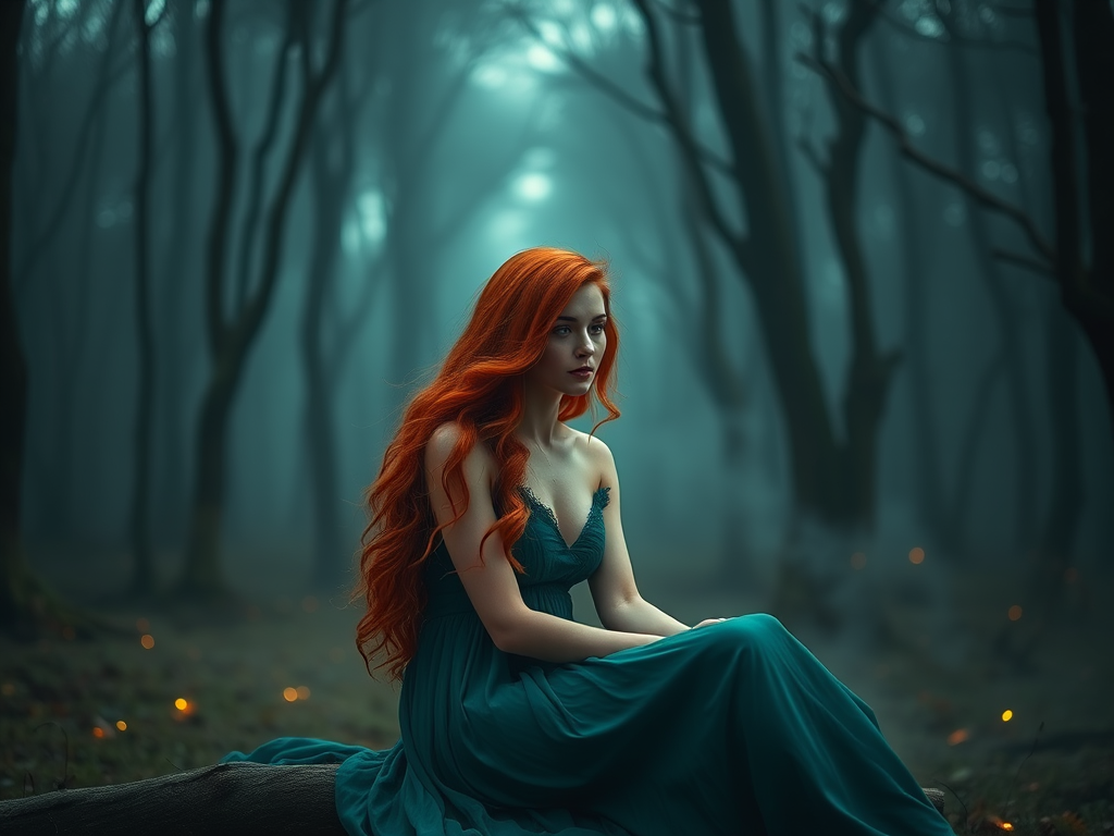 Regenerate an ethereal scene featuring a woman with long, wavy red hair in a green dress, sitting in a misty, dark forest with eerie trees and soft glowing lights, using a full-frame camera with a 50mm lens at f/1.8, ISO 200, shutter speed 1/125s, captured in soft natural light for a dreamy effect.