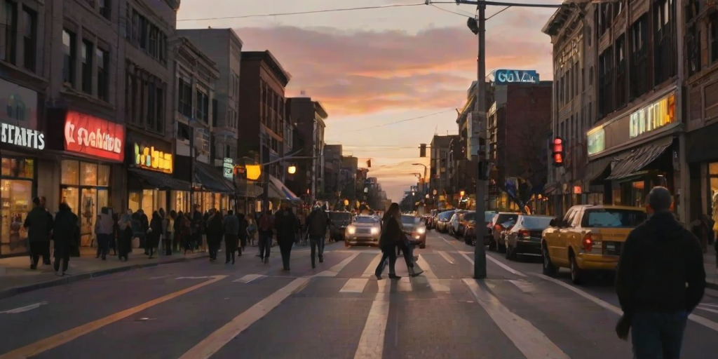 Bustling city street at sunset, with pedestrians crossing the road, cars passing by, and storefronts lit up, creating a vibrant atmosphere as day turns to night.