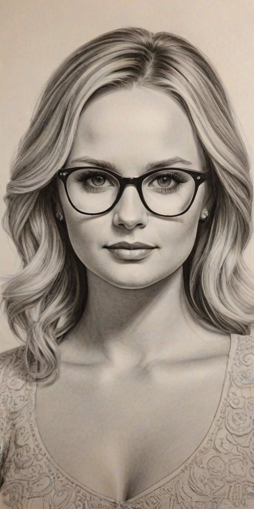 Lovely Miranda Lambert, pencil sketch, portrait of Appealing woman 1948s in glasses, hair style beatnik, outline, clear lines, fine lines, 8k