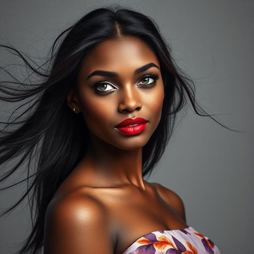 Photographic image of a beautiful young Mulatto woman, green eyes, lips with red lipstick, long hair fluttering in the wind and wearing a silk strapless dress with a soft purple and orange print. monochrome image with only color highlights in the iris of the eyes, lipstick and dress. Gray background.