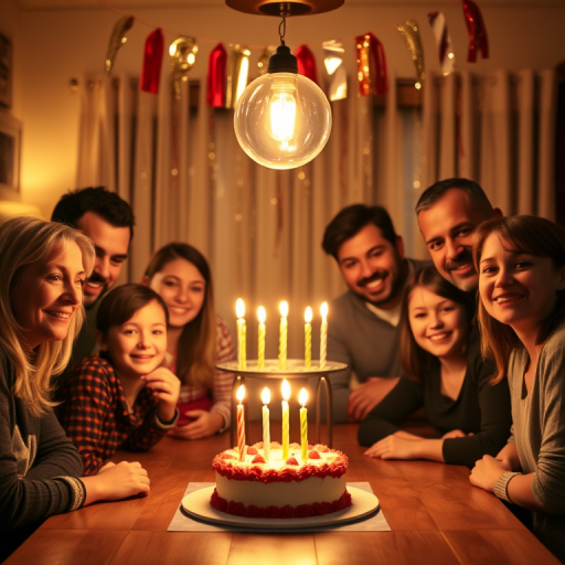 Warmly lit photo of a family gathered around a table for a birthday celebration, soft candlelight illuminating their faces, with a cake in the center and festive decorations hanging in the background.