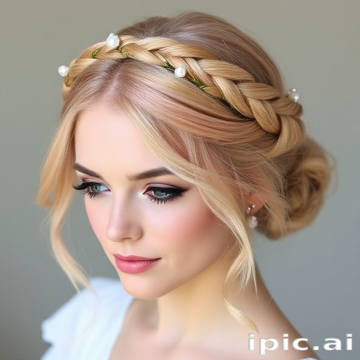 Pale rose gold hair arranged in an intricate milkmaid braid crown with wispy tendrils framing the face, adorned with tiny pearl accents for a romantic, fairy-tale look named Blush Garland