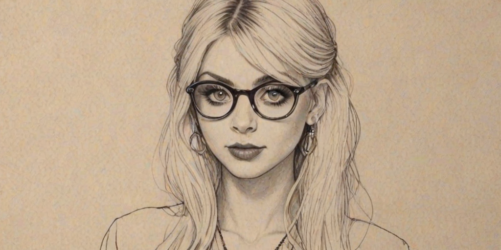 Ravishing Taylor Momsen, pencil sketch, portrait of Beauteous woman 1944s in glasses, hair style beatnik, outline, clear lines, fine lines, 8k