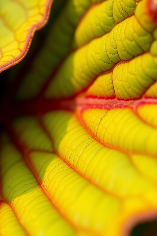Capture a close-up of a textured leaf with vibrant green and reddish edges, using a DSLR camera with a 50mm lens, aperture set to f/2.8 for shallow depth of field, ISO 100 for clarity, and natural diffused lighting to enhance color details.