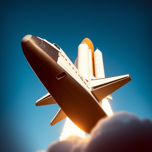 Create a high-resolution image of a space shuttle launching with a clear blue sky background, use a DSLR camera with a 50mm lens, aperture f/2.8, ISO 100, and a shutter speed of 1/500s, focused on the shuttle's details from a low-angle view to enhance the dynamic effect.
