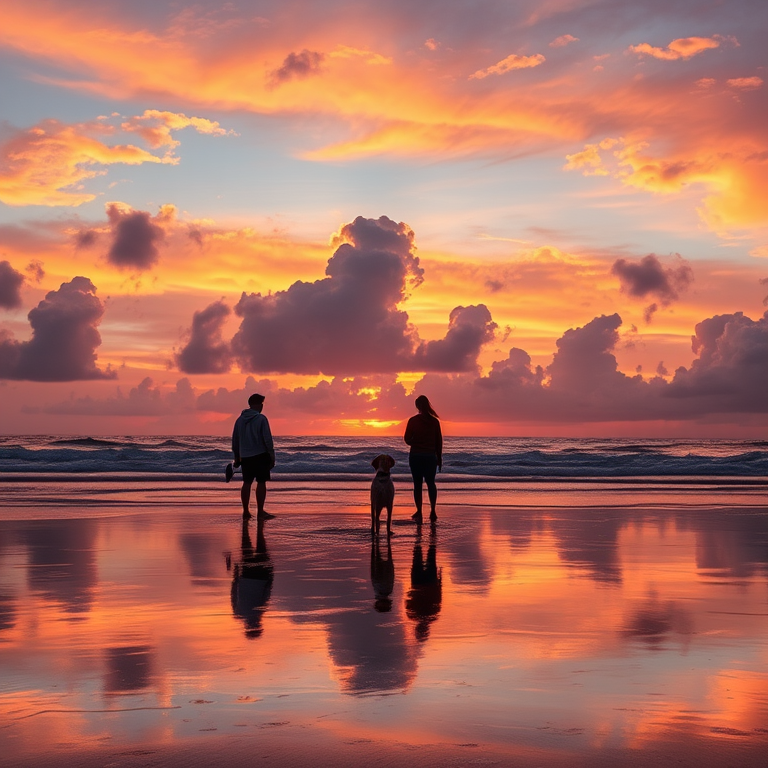 sunset landscape with two people and a dog on a beach, vibrant sky with clouds, reflections on water, ISO 100, aperture f/11, shutter speed 1/125 sec, 24mm lens, wide-angle view, DSLR camera