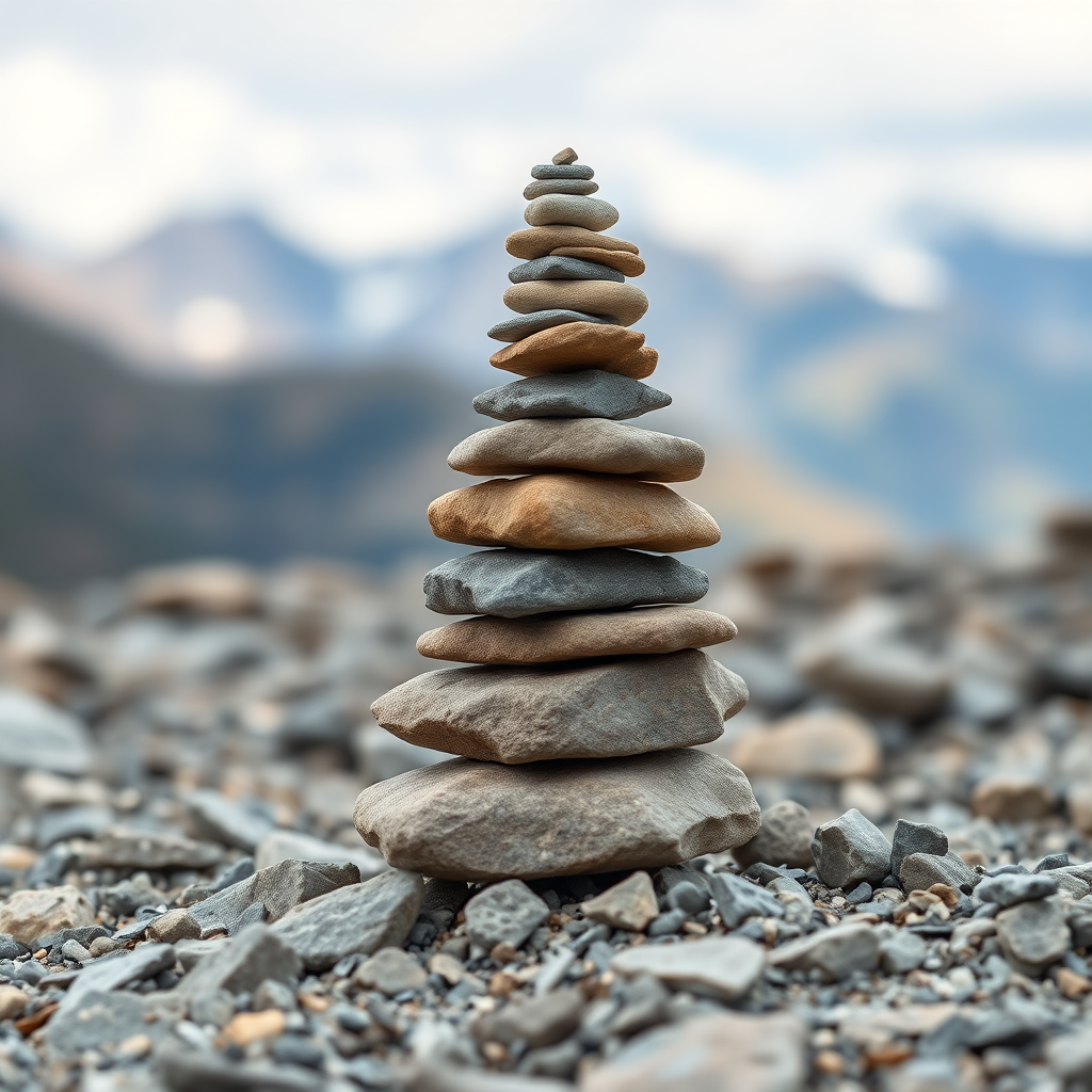 stack of flat stones arranged in a balanced tower on rocky terrain with blurred mountain background, shot with a Canon EOS R5 at f/2.8, 1/250s, ISO 100, 50mm lens, shallow depth of field, natural lighting