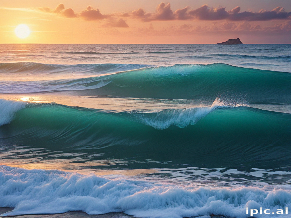 Serene Sunset Over Gentle Waves with Soft Foam and Tranquil Sky