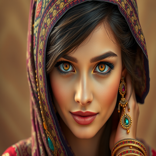 Create a portrait of a beautiful woman with striking hazel eyes and a gentle expression. She is adorned in traditional attire with intricate patterns, including a richly embroidered headscarf and matching garments. Her jewelry includes a delicate headpiece, dangling earrings, and ornate bracelets, all featuring vibrant gemstones and detailed metalwork. The background is soft and warm, enhancing the rich colors of her outfit and jewelry.