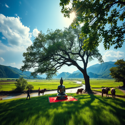 Create a serene landscape depicting a seated Buddha under a large tree, surrounded by lush green fields, gentle hills in the background, farmers with oxen near a river, bright blue sky with soft clouds, sunlight filtering through leaves, use a Canon EOS R5 with an aperture of f/8, ISO 100, shutter speed of 1/200s, in a wide-angle view to enhance depth and detail.