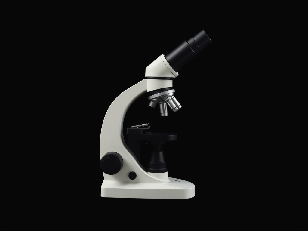 Create a high-resolution image of a microscope in a flat design style, utilizing a DSLR camera with a 50mm lens, aperture set to f/2.8 for a shallow depth of field, ISO 200, and a 1/125 shutter speed, capturing the microscope from a 45-degree angle against a solid black background.