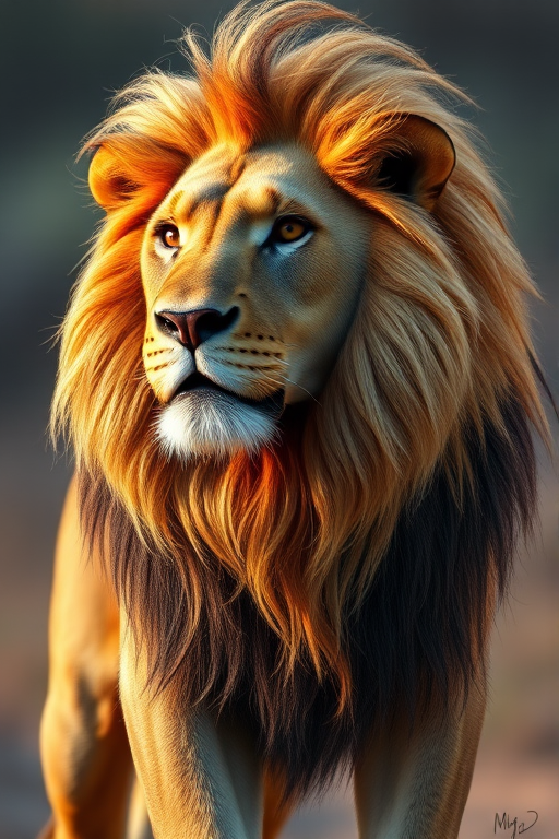 a highly detailed 3D rendering of a majestic lion, showcasing its flowing mane and muscular build, captured in a close-up view with a DSLR camera at f/2.8, ISO 100, 50mm lens, natural lighting to enhance textures and colors
