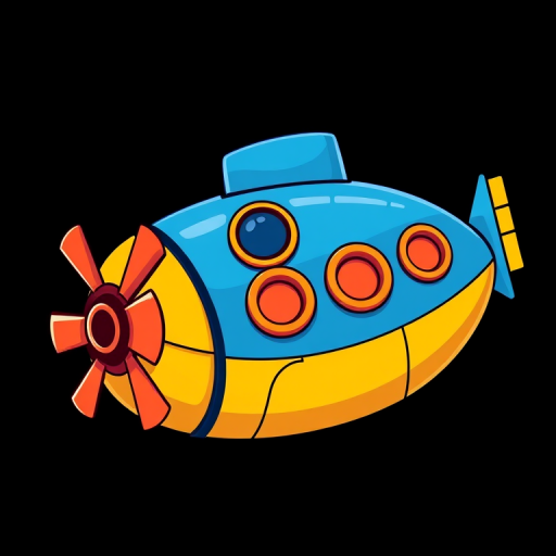 Create a vibrant, cartoon-style illustration of a colorful submarine with a blue body, yellow underside, orange portholes, and a red propeller on a black background, captured with a DSLR camera at f/4 aperture, ISO 100, 50mm lens, and slight vignette effect for enhanced quality.