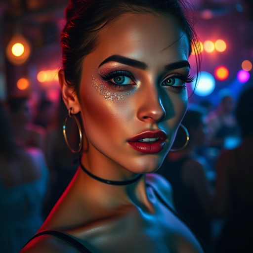 High res waist up portrait photo of a woman with glittery eye-shadow and clear glossy lip-gloss.She is looking at the viewer seductively . She is wearing a thin string-like black choker and hoop earrings. In the background is a nightclub scene out of focus