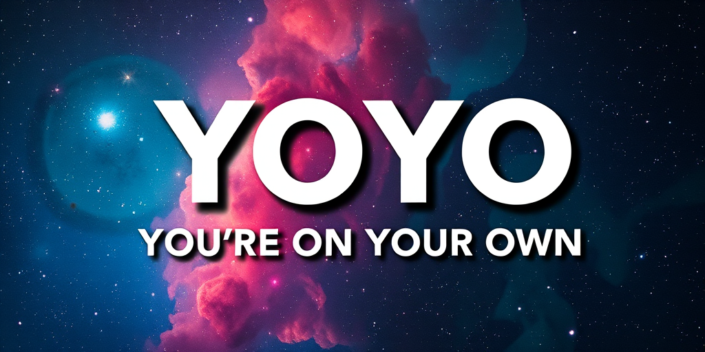 Create an image with a vibrant nebula background featuring the text "YOYO" in large, bold white letters with a shadow effect, include "YOU'RE ON YOUR OWN" in smaller text below, use a Canon EOS R5 camera, aperture f/1.8, ISO 100, focal length 50mm, shot from a slightly angled view for depth and clarity.