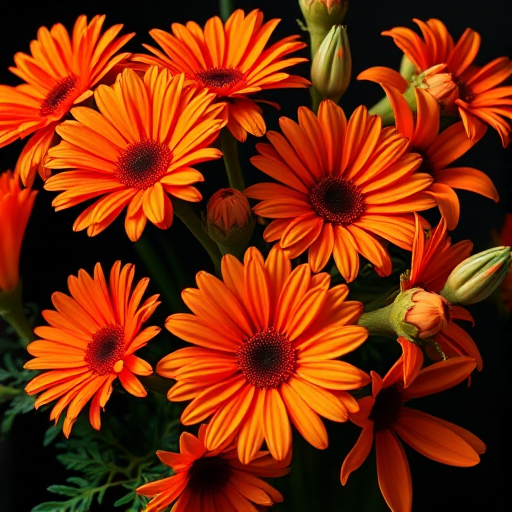 Create a vibrant arrangement of orange flowers including daisies and tropical blooms, set against a dark background, using a DSLR camera with an aperture of f/2.8, ISO 100, and a shutter speed of 1/200s, captured from a close-up angle with soft natural lighting to enhance color richness and depth.