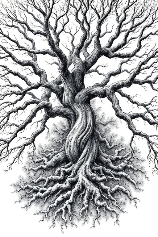 regenerate a black and white artistic sketch of a twisted tree with intricate branches and roots, high-resolution 300 DPI, taken with a DSLR camera at f/2.8 aperture, 50mm lens, natural lighting, top-down view
