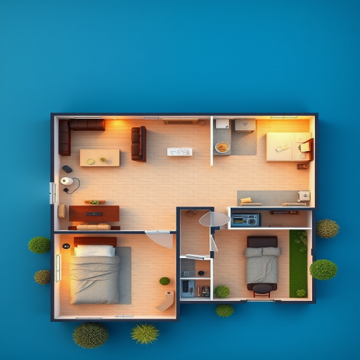 Create a detailed floor plan of a house with a living room, kitchen, storage, two bedrooms, a lobby, a studio, a garage, and a garden, using a vibrant blue background, top-down view, 35mm lens, f/8 aperture, ISO 100, and HDR photography style to enhance image quality.