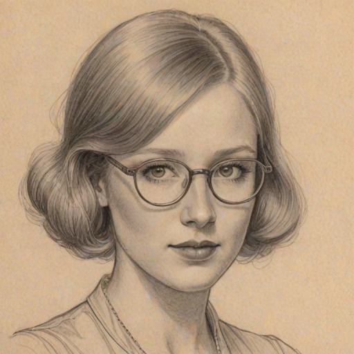 Charming Molly C. Quinn, pencil sketch, portrait of Magnificent woman 1925s in glasses, hair style beatnik, outline, clear lines, fine lines, 8k