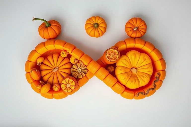 Create an illustration of a golden infinity symbol made of intricately carved pumpkins with various designs, using a Canon EOS R5 camera with a 50mm f/1.2 lens, aperture at f/2.8, ISO 100, shot from a top-down view in natural light to enhance detail and vibrancy.