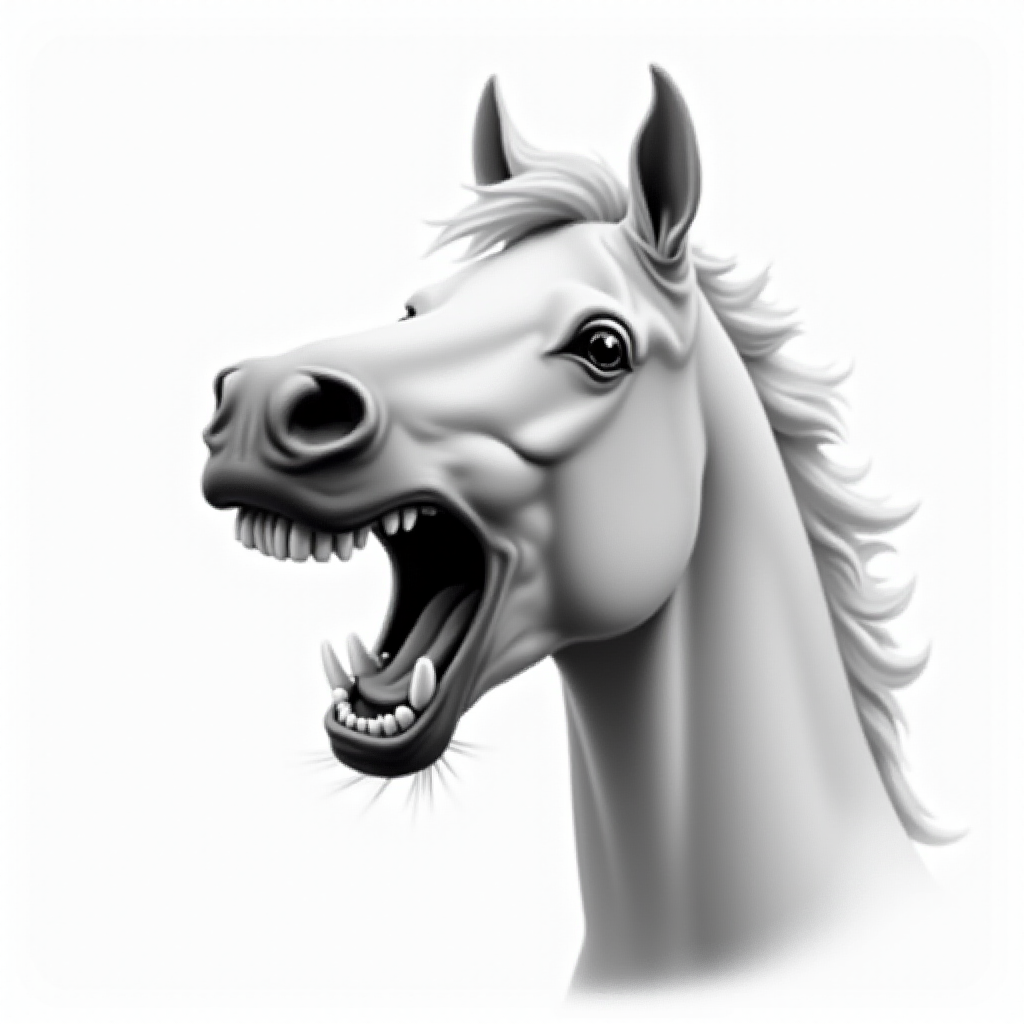 Abstract black and white acrylic portrait of an over exaggerated laughing (horse). Minimalism style. White background.