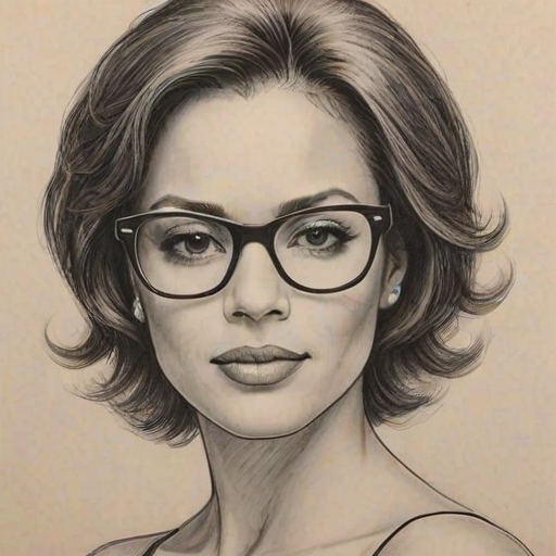 Dazzling Tammy Townsend, pencil sketch, portrait of Superb woman 1978s in glasses, hair style beatnik, outline, clear lines, fine lines, 8k