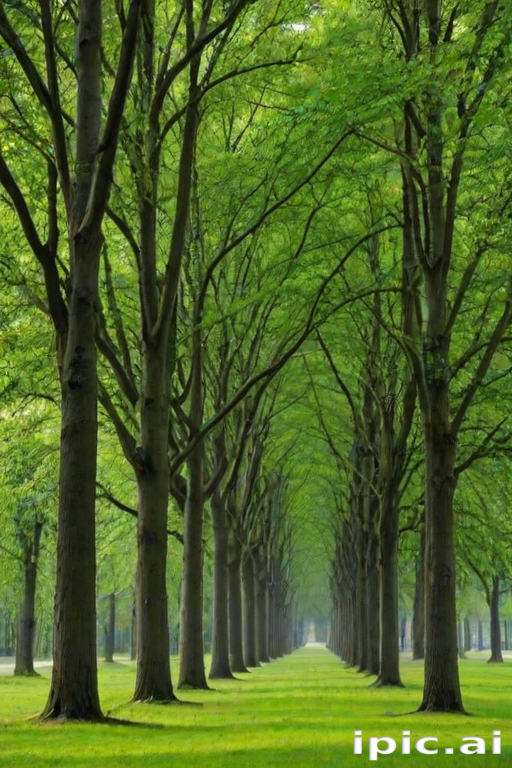 Tranquil Pathway Surrounded by Lush Green Trees in a Serene Landscape