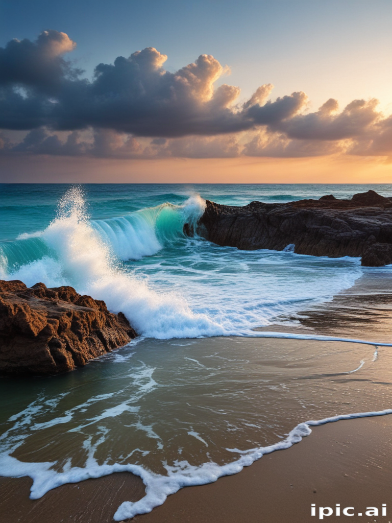 Stunning Sunset Over the Ocean with Waves Crashing on Rocky Shoreline