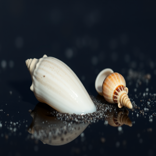 close-up of two seashells on black reflective surface with fine sand around them, natural lighting, aperture f/2.8, shutter speed 1/100s, ISO 200, macro lens, DSLR camera, shallow depth of field