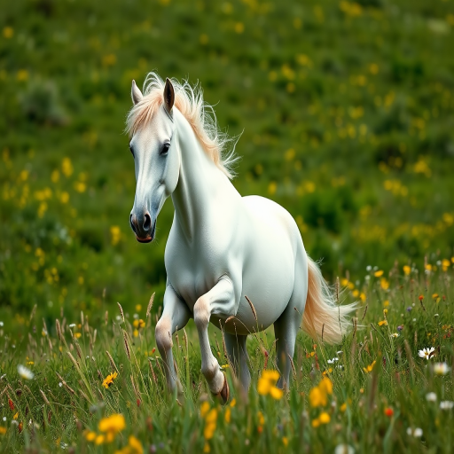 Regenerate a high-resolution image of a majestic white horse galloping through a lush green meadow with wildflowers, captured with a Canon EOS R5, 85mm lens, f/1.8 aperture, ISO 100, and a slight telephoto perspective to enhance depth and clarity.