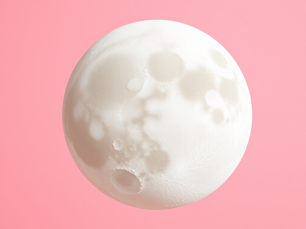Generate a high-resolution image of a stylized white moon with various sized circular craters on a soft pink background, using a DSLR camera with a 50mm lens, f/1.8 aperture, ISO 100, and a shallow depth of field for enhanced detail and smooth bokeh effect.
