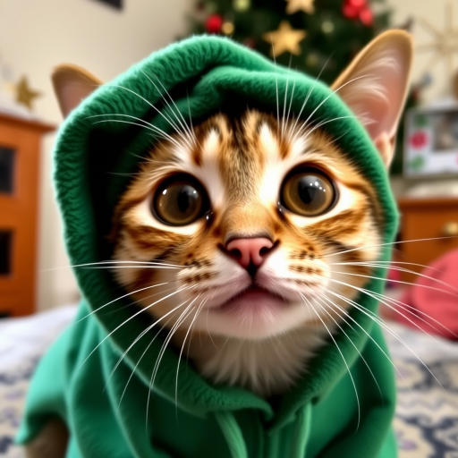 A close-up of a curious cat wearing a green hood with a star ornament in the background and a cozy indoor setting. The cat's big eyes are prominently displayed, capturing its playful and inquisitive expression.