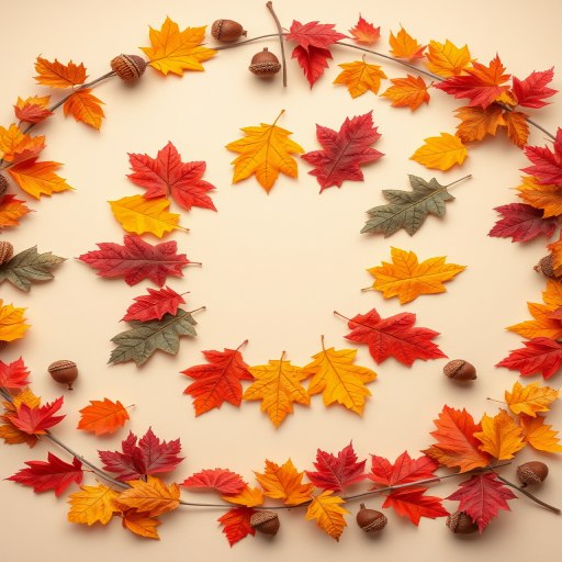 Create a high-resolution digital illustration of a circular arrangement of colorful autumn leaves and acorns on a soft beige background, using a Canon EOS 5D Mark IV with an 85mm f/1.2 lens, aperture set to f/2.8, ISO 100, and a soft focus camera style for an elegant and vibrant look.