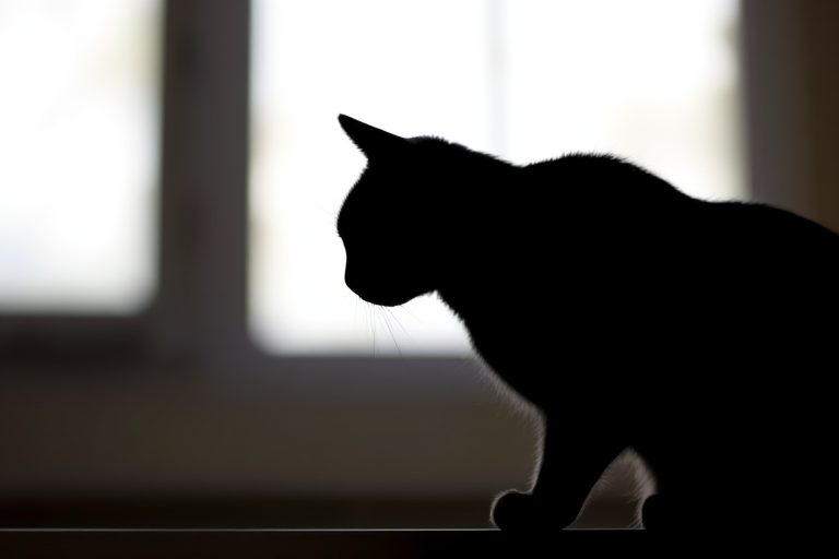 Capture a high-resolution image of a stylized black silhouette of a cat, using a DSLR camera with a 50mm lens, aperture f/1.8 for shallow depth of field, ISO 100 for minimal noise, and natural light from the left for soft shadows.