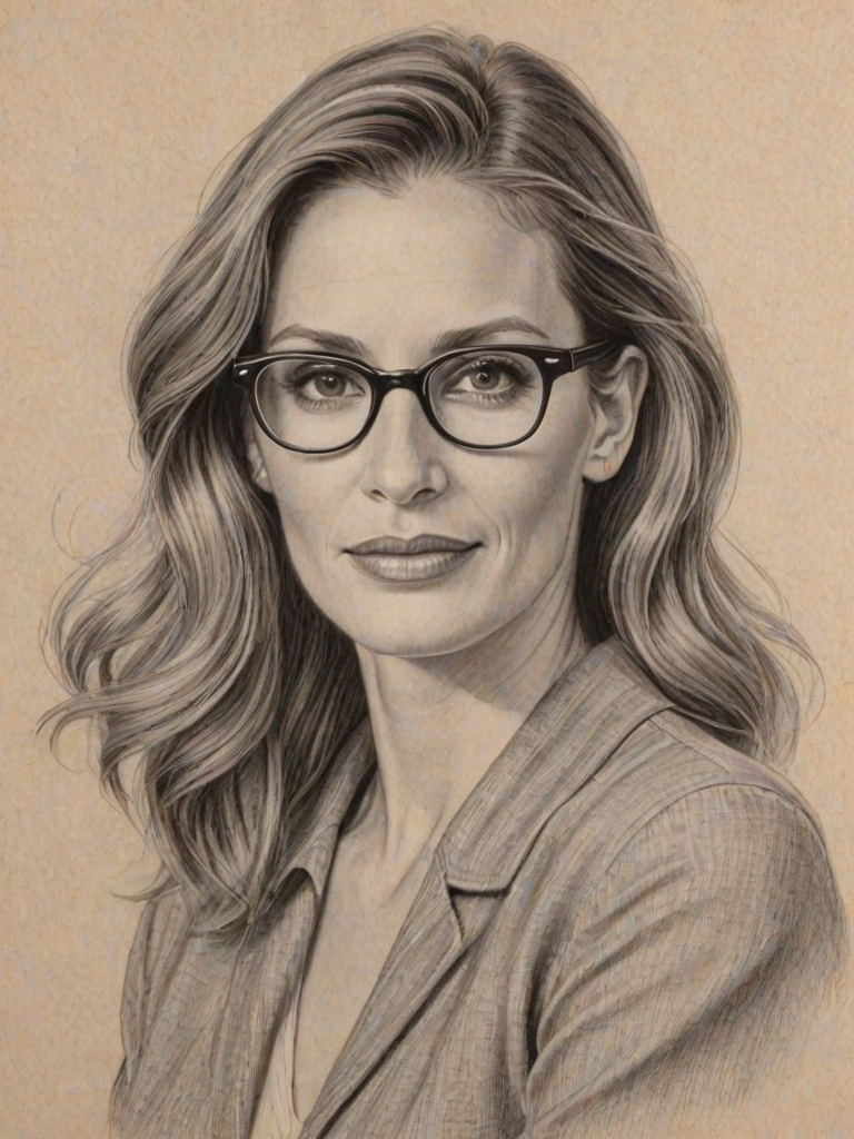 Enchanting Julia Roberts, pencil sketch, portrait of Captivating woman 1938s in glasses, hair style beatnik, outline, clear lines, fine lines, 8k