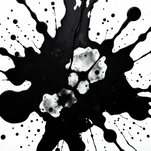 create an abstract black ink splash on a white background, focus on dynamic splatter patterns, macro view, f/2.8 aperture, ISO 100, 1/500 sec exposure, using a DSLR camera with a 50mm lens