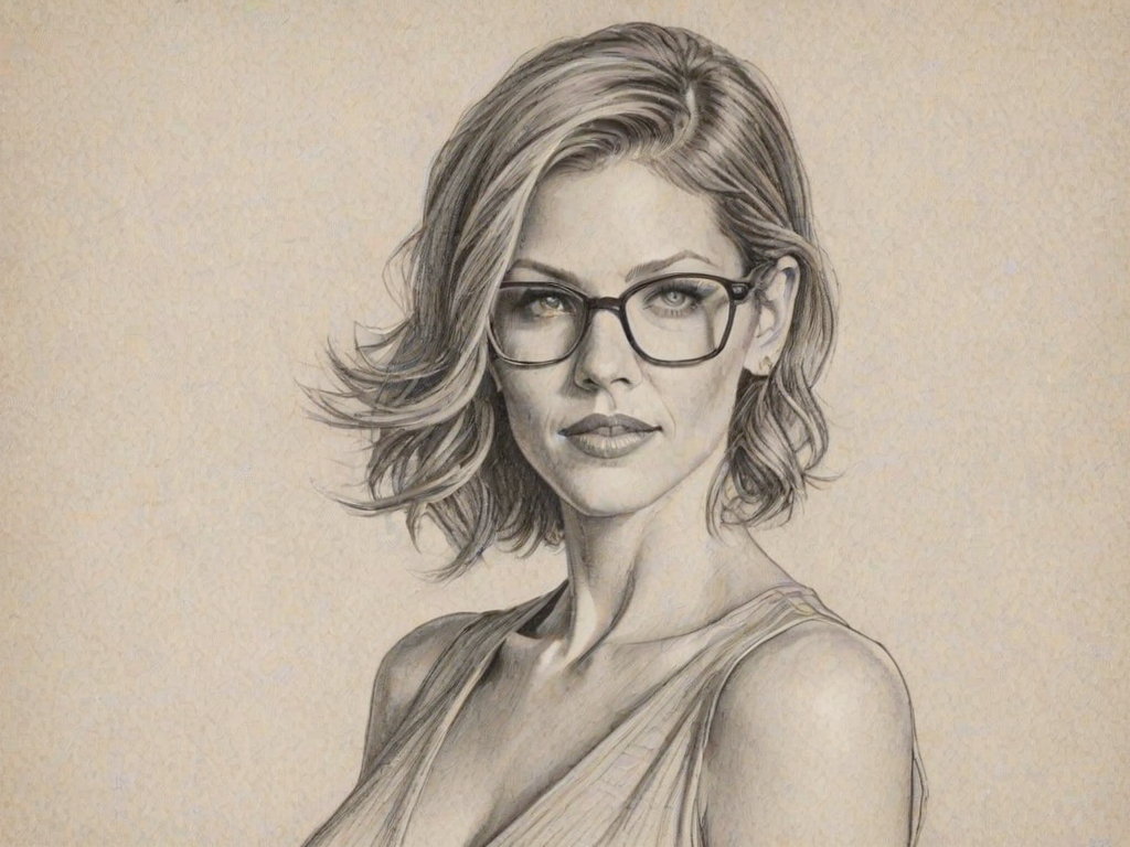 Fetching Tricia Helfer, pencil sketch, portrait of Comely woman 1934s in glasses, hair style beatnik, outline, clear lines, fine lines, 8k