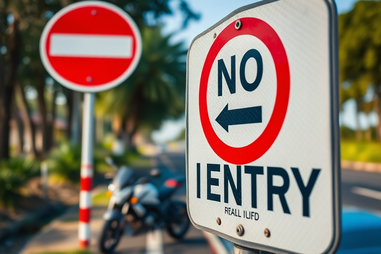 Create an image of a no entry road sign featuring a motorcycle and car, captured with a DSLR camera at f/8 aperture, 1/200 sec shutter speed, ISO 100, in a close-up view with natural lighting and vibrant colors.