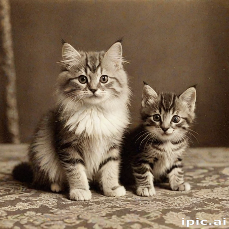 Two Adorable Kittens Posing Together on a Vintage Floral Patterned ...