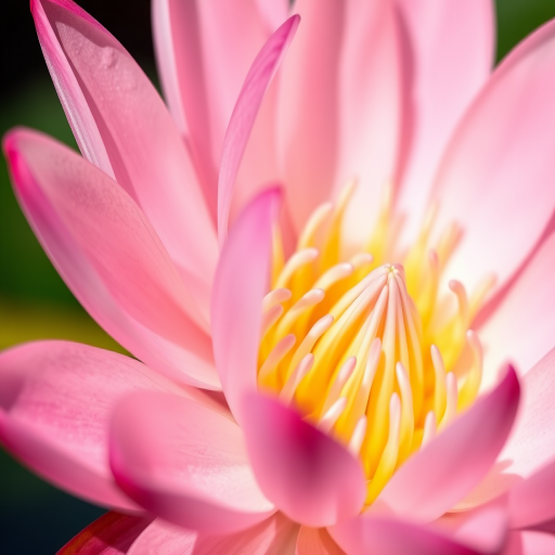 Close-up macro photograph of a water lily with soft pink petals and a vibrant yellow center, natural lighting, 50mm lens, aperture f/2.8, ISO 100, shutter speed 1/200 sec, DSLR camera, shallow depth of field.
