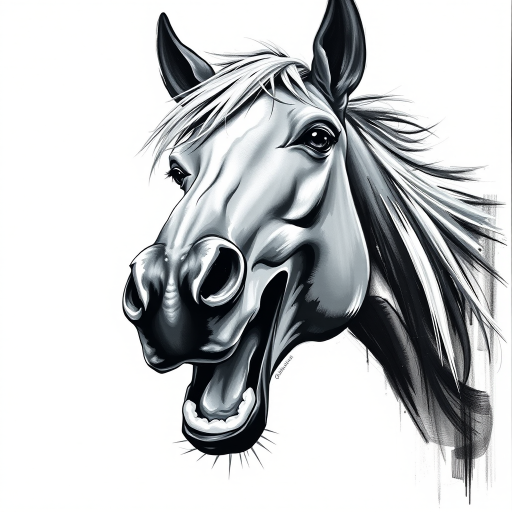 Abstract black and white acrylic portrait of an over exaggerated laughing (horse). Minimalism style. White background.