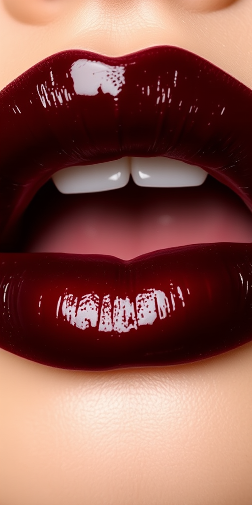 Seductive "Black Cherry" lips flaunting a deep, glossy burgundy shade, expertly overlined for a voluminous, juicy appearance