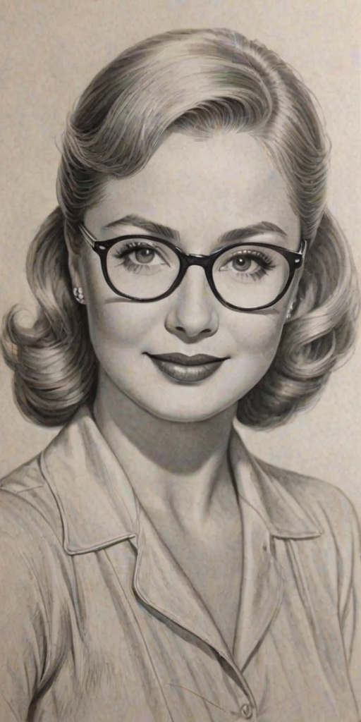 Radiant Shirley Jones, pencil sketch, portrait of Splendid woman 1930s in glasses, hair style beatnik, outline, clear lines, fine lines, 8k
