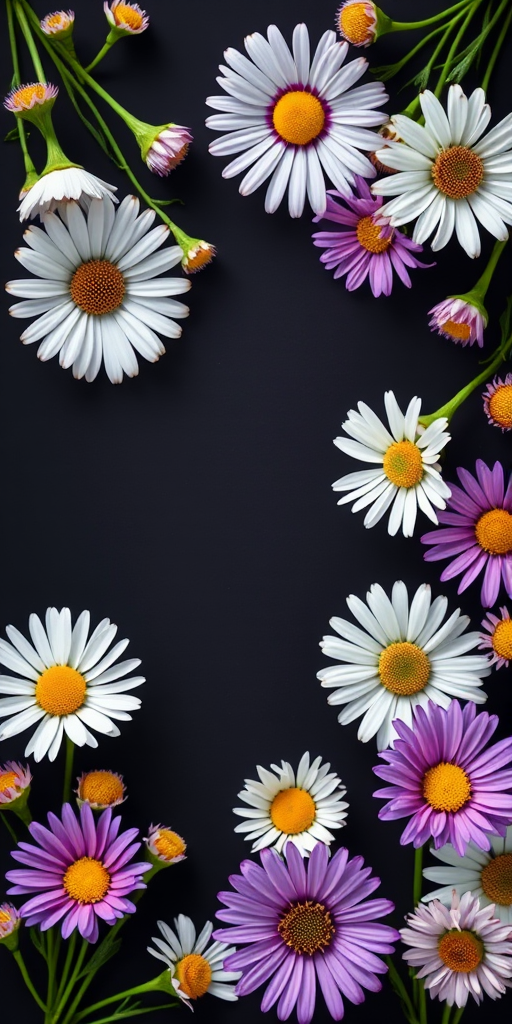 Create a floral border design with white and purple daisies on a dark background, focus on vibrant colors and intricate details, use a macro lens at f/2.8, ISO 100, 1/125s, shot with a DSLR camera in natural light for optimal clarity and texture.