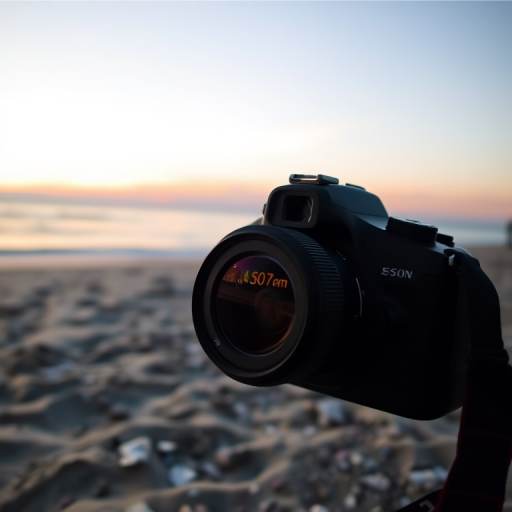 Capture a high-resolution image of a tranquil beach scene at sunset, using a DSLR camera with a 50mm lens, aperture set to f/2.8, ISO 100, at a low angle for enhanced perspective and warm color tones.