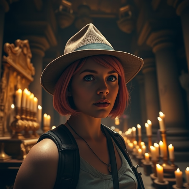 A female adventurer with short hair and pink highlights wearing a fedora explores a dimly lit ancient temple filled with golden artifacts and candles, captured with a Canon EOS R5, 50mm lens, f/1.8 aperture, ISO 400, 1/60 sec, dramatic low angle view, natural lighting for a cinematic effect.