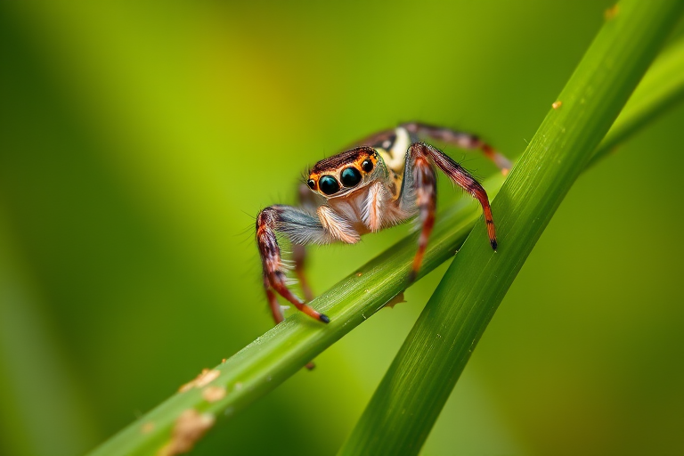 macro photograph of a jumping spider perched on a green blade of grass, f/2.8 aperture, 100mm lens, ISO 200, natural light, shallow depth of field, close-up view, DSLR camera