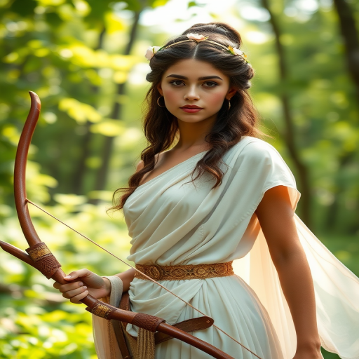 Create a portrait of a goddess-like Hispanic girl figure in a tranquil, forested environment. She has an elegant appearance with long, wavy hair styled in an updo and adorned with a delicate, floral headband. She wears a flowing, ancient Greek-inspired gown in a soft, pale color, featuring a one-shoulder design and draped fabric that accentuates her graceful form. The outfit includes a decorative belt with ornate gold detailing, and she holds a bow in her hand, with a quiver of arrows slung over her shoulder. The background depicts lush greenery, with sunlight filtering through the trees, casting a gentle, ethereal light on the scene. Her expression is calm and contemplative, embodying a sense of wisdom and serenity.