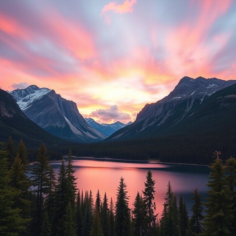 Create a vibrant landscape depicting two mountains with a lake in front, surrounded by evergreen trees under a pastel sky during sunset, captured with a DSLR camera at f/8 aperture, 1/250s shutter speed, ISO 100, using a wide-angle lens at 24mm for an expansive view.