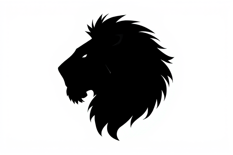 Create a high-resolution illustration of a black silhouette of a lion's head on a plain white background, using a Canon EOS R5 camera with a 50mm f/1.2 lens, aperture set to f/4, ISO 100, and a soft diffused lighting style.